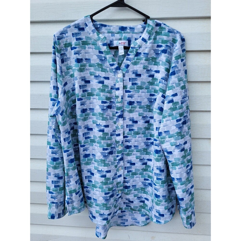 Denim & Co. Women's Plus Sz 1X Abstract Blouse Blue Green Long Sleeve Button Up